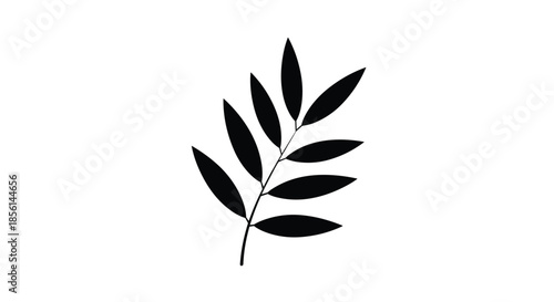 Minimalist black silhouette of a plant branch with multiple leaves, suitable as a decorative element, icon, or nature symbol.