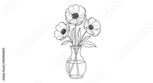 Elegant black and white line art drawing of three poppy or anemone flowers arranged in a clear glass vase with water.