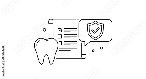 Dental insurance and care concept shown with a minimalist line art icon of a tooth next to a checklist and a protection shield.