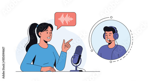 A woman hosts a podcast or online interview, speaking into a microphone with a guest appearing in a circular video call window.