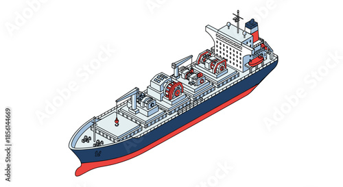 Isometric drawing of a cable-laying ship or vessel designed for laying underwater communication cables on the ocean floor.