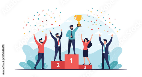 Business team celebrating on a winner's podium with the leader holding a trophy, symbolizing success, teamwork, and achievement.