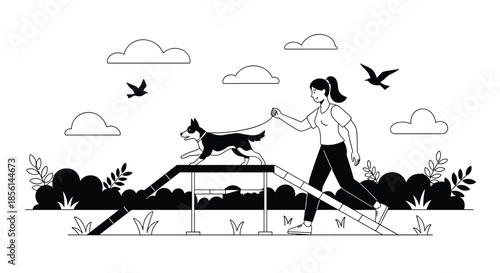 Black and white illustration of a woman training her dog on an agility course in a park with birds and clouds in the background.