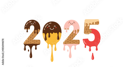 Cute and festive '2025' text designed as melting ice cream cones with chocolate and strawberry toppings and happy smiling faces.
