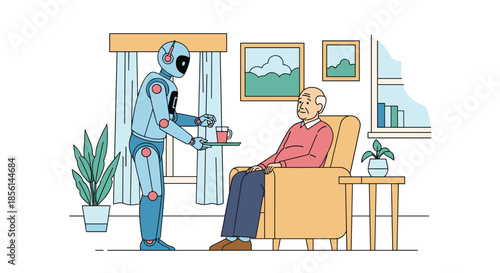 A caring robot assistant serves a drink on a tray to an elderly man relaxing in an armchair at home in a cozy living room setting.