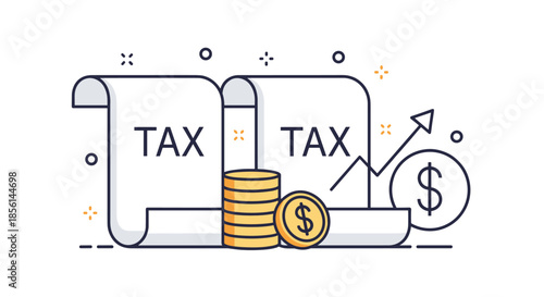 Tax documents with stacks of dollar coins and a rising arrow graph, illustrating the concept of increasing taxes or tax returns.