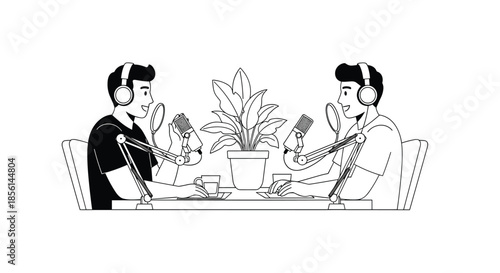 Black and white line art illustration of two men hosting a podcast, speaking into microphones with headphones in a studio setting.