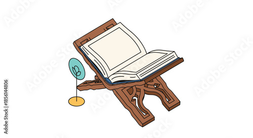 An open Quran on a traditional wooden stand (rehal), illustrated in a simple and colorful style for religious and cultural concepts.