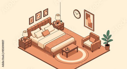 Isometric vector illustration of a cozy and stylish modern bedroom interior with comfortable furniture in warm earth tones.