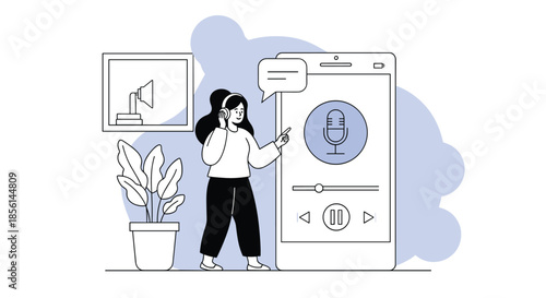 Modern flat illustration of a woman with headphones recording a voice message or podcast on a large smartphone application.