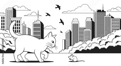 Black and white coloring page illustration featuring a large cat hunting a small mouse with a modern city skyline in the background.