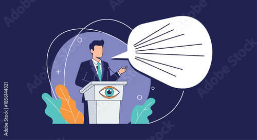 Flat design illustration of a businessman or politician giving a powerful speech at a podium with an eye symbol on it.