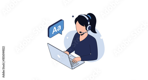 Isometric illustration of a female translator or customer support agent with a headset working on a laptop, concept for online services.