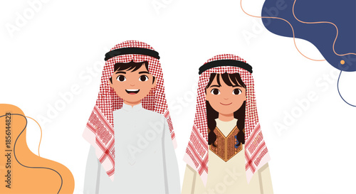 Cartoon illustration of a smiling Arab boy and girl wearing traditional Middle Eastern clothing against a simple background.