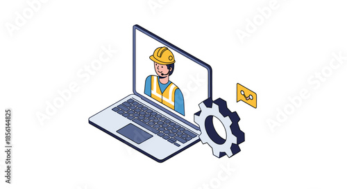Isometric illustration concept for online technical support or engineering consultation with a worker in a hard hat on a laptop screen.