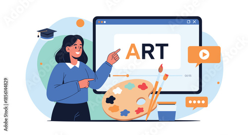 Flat vector illustration of a female teacher giving an online art class or tutorial, pointing to a screen with art supplies.