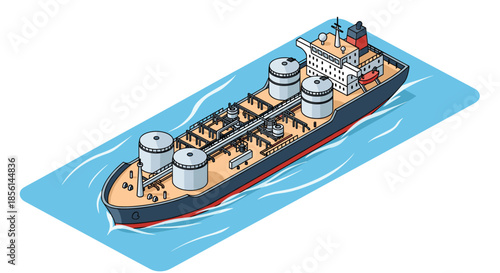 Isometric illustration of a large oil or gas tanker ship sailing on the blue ocean, representing global shipping and energy transport.