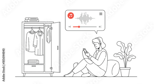 Minimalist line art of a woman relaxing at home, sitting on the floor listening to music or a podcast with her phone and earphones.