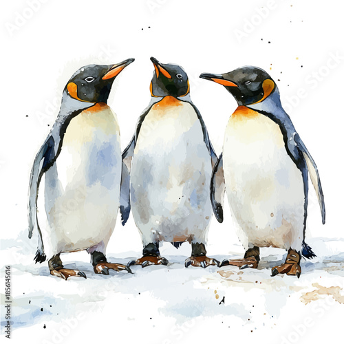 watercolor vector of Three Penguins Interacting, isolated on a white background.