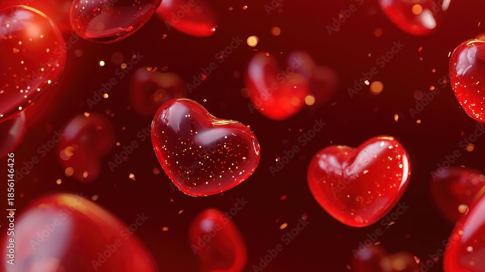 Obraz premium Floating 3D red glass hearts with golden glitter on red background.