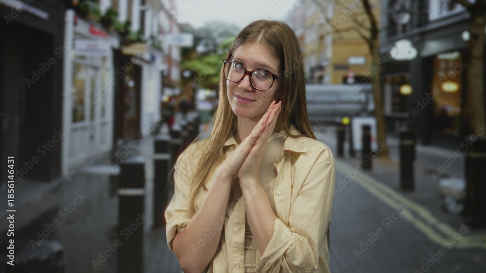 Fototapeta premium Blonde woman with clasped hands standing among urban storefronts on a wet cobblestone street; hope faith.