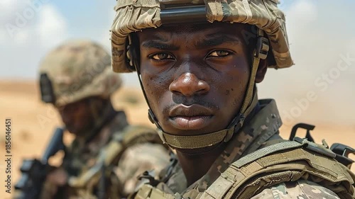 African Soldier in Desert Combat Gear, Intense Gaze, Military Training Exercise.