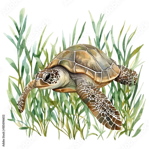 watercolor vector of Sea Turtle Nibbling, isolated on a white background.