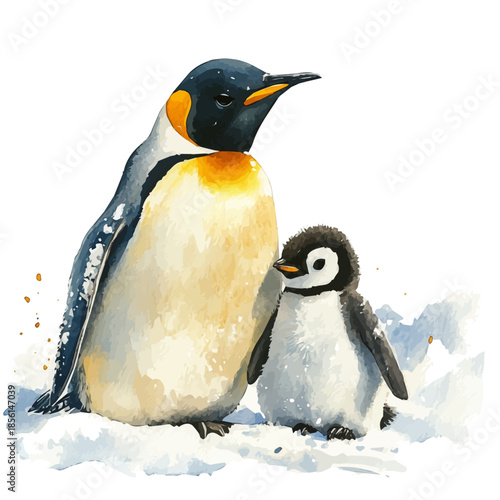 watercolor of Penguin Mother With Chick, vector, isolated on a white background.