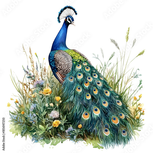 Peacock Preening, watercolor clipart vector, isolated on a white background.