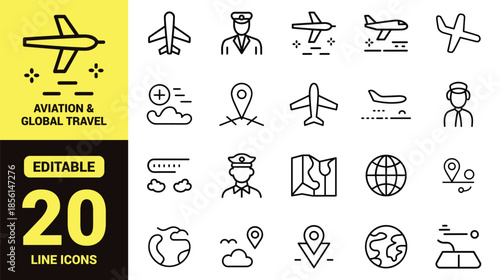 Aviation and Global Travel Line Icon Set with Airplane, Pilot, World Globe, Map, GPS Pin, Flight Route, and Airport Navigation Vector Symbols