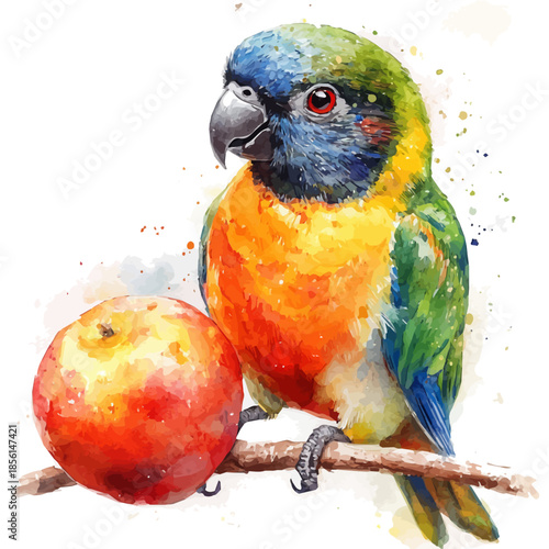 watercolor vector of Parrot Nibbling, isolated on a white background.