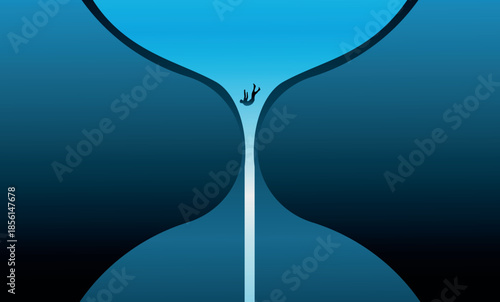 Conceptual illustration of anxiety and mental pressure with human figure trapped in abstract hourglass form. Symbol of stress, emotional imbalance and loss of control.