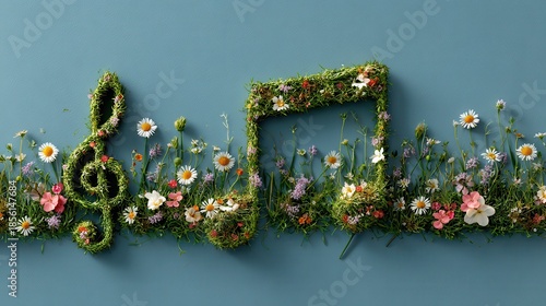 Wallpaper Mural Musical notes made of green moss and wildflowers on a blue background Torontodigital.ca