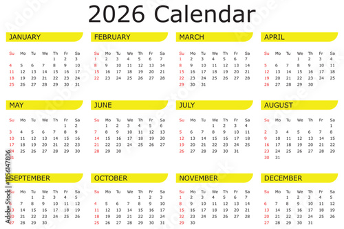 Monthly calendar layout for 2026 year. Diary planner for 2026 year. Week Starts on Sunday. Printable 2026 monthly calendar. Minimalist style monthly calendar template for 2026 year English calendar 