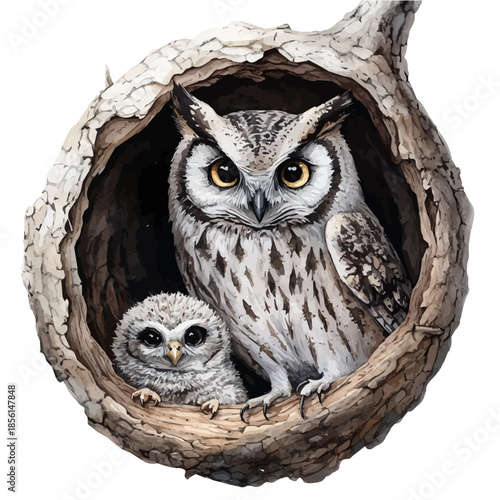 watercolor of Owl Mother With Owlet, vector, isolated on a white background.