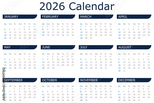 Monthly calendar layout for 2026 year. Diary planner for 2026 year. Week Starts on Sunday. Printable 2026 monthly calendar. Minimalist style monthly calendar template for 2026 year English calendar 