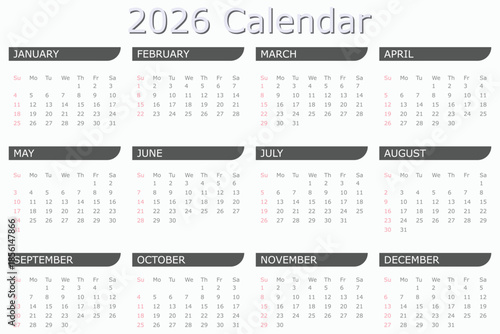 2026 calendar template clipart set. 12 months calendar in minimal lay out clip art collection with days and weekly schedule monthly pages design vector Monthly vertical flowers wall calendar pictogram