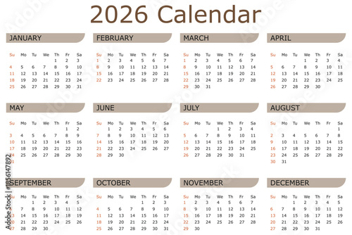 Set of 12 Pages Monthly Calendar Planner Templates on 2026 year. Vector mockup of a wall or desktop calendar organizer grid with the week starting on Monday ready print Calendar planner 2026 design 