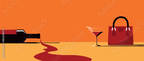 Bar poster, wine list, alcohol menu for a bachelorette party, hen party, a bottle of wine on a table, spilled wine, a handbag. Festival, alcoholism, drunkenness, red wine, chardonnay, cabernet, merlot