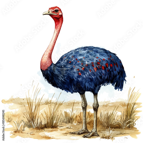 Ostrich Looking Curiously, watercolor clipart vector, isolated on a white background.