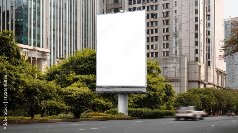 Obraz premium A large blank billboard is located next to a busy road. It is surrounded by green trees and tall buildings. Cars pass by on the road during daylight with clear skies.