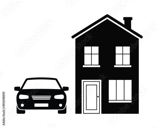 Residential House and Car Vector Silhouette