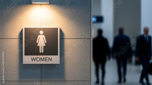 A clear sign indicates the women's restroom, mounted on a modern, tiled wall. Soft lighting and blurred figures in the background suggest a public space, with a minimalistic, clean design. 