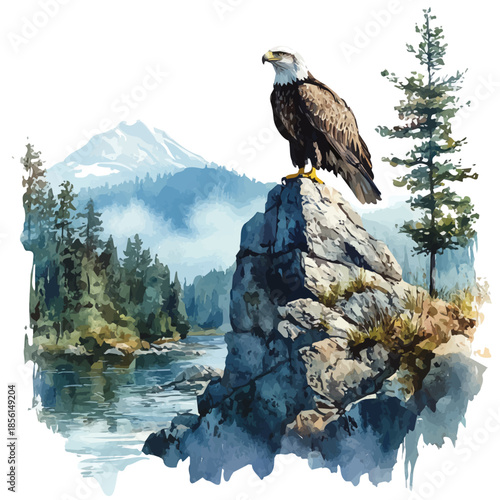 Eagle Observing, watercolor illustration vector, isolated on a white background.