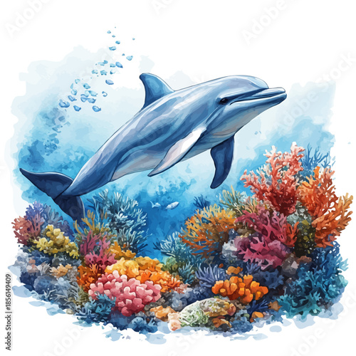 Dolphin Gliding Smoothly, watercolor painting vector, isolated on a white background.