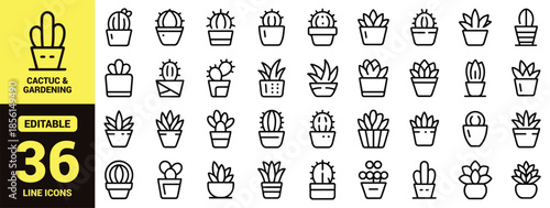 Minimalist Cactus and Succulent Houseplant Line Icon Set with Potted Desert Plants, Aloe Vera, Prickly Pear, and Indoor Gardening Vector Symbols