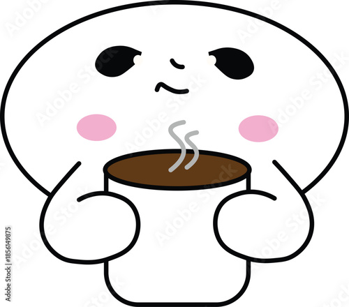 Sleepy cute coffee character holding a warm cup with closed eyes. Minimal cartoon illustration showing calm and relaxed mood.
