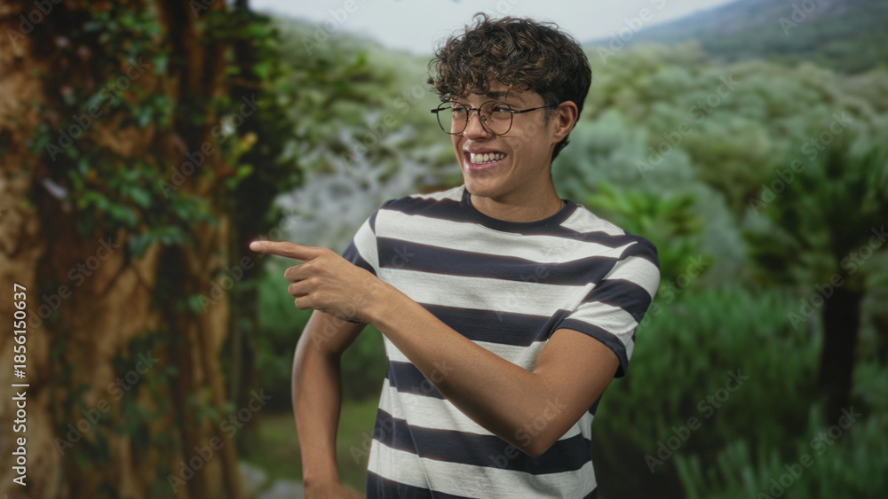 Fototapeta premium Man points finger to the right in a forest setting, smiling while wearing round glasses and a navy and white striped shirt by a tree trunk; joy.