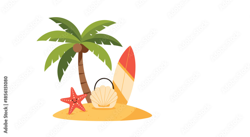 Obraz premium Small tropical island featuring a coconut palm tree, a surfboard, a sea shell bag, and a smiling starfish on golden sand under clear sky.