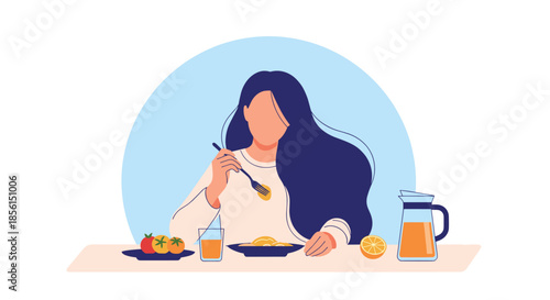 Illustration of a young woman with long dark hair eating a healthy meal with orange juice on a table representing daily nutrition and well-being.